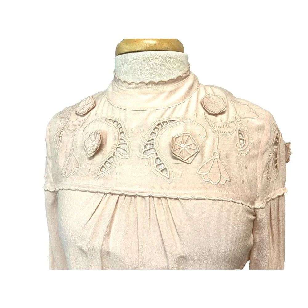 NWT See by Chloe Pullover Blouse Smoky Pink Embroidered Yokes Long Sleeve SZ 36